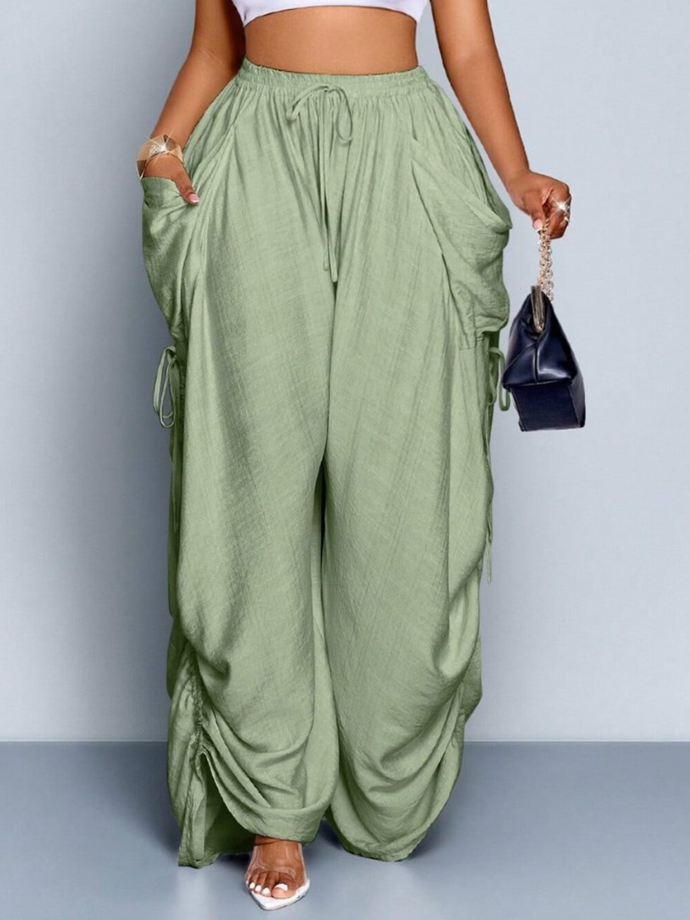 Mist Green Casual Women's Loose Drawstring Pants with Pockets
